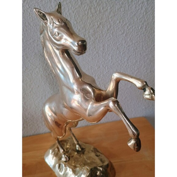 Mid- Century Vintage 15'' Tall Solid Brass Rearing Horse Sculpture Statue - Picture 6 of 13